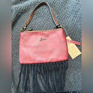 Justin Boots Red Crossbody Bag with Black Fringe